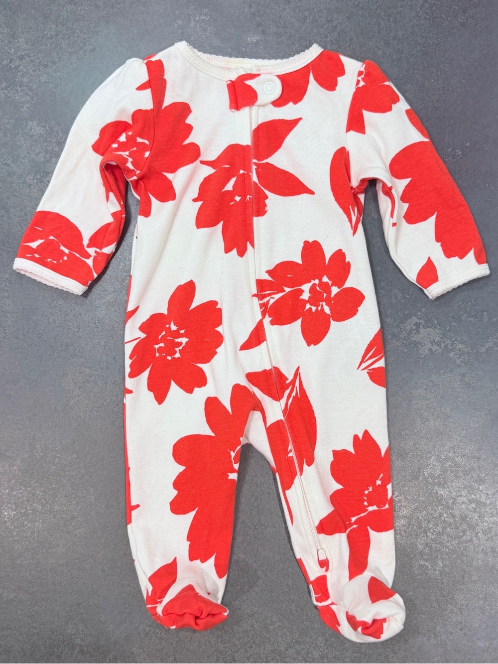 Carter’s Floral Zip Footed Sleeper | Red & White One Piece Pajamas | 3 Month
